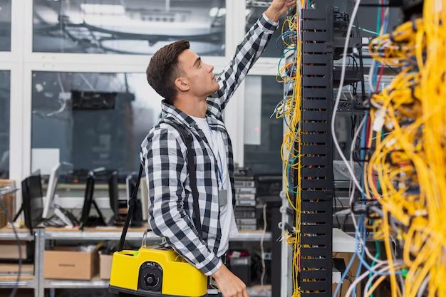 Young network engineer with a box looking at ethernet switches